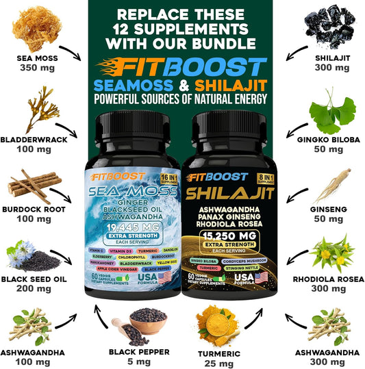 60Day Supply Sea Moss and Shilajit Bundle for Men All-in-1 Dynamic Vitality Bundled