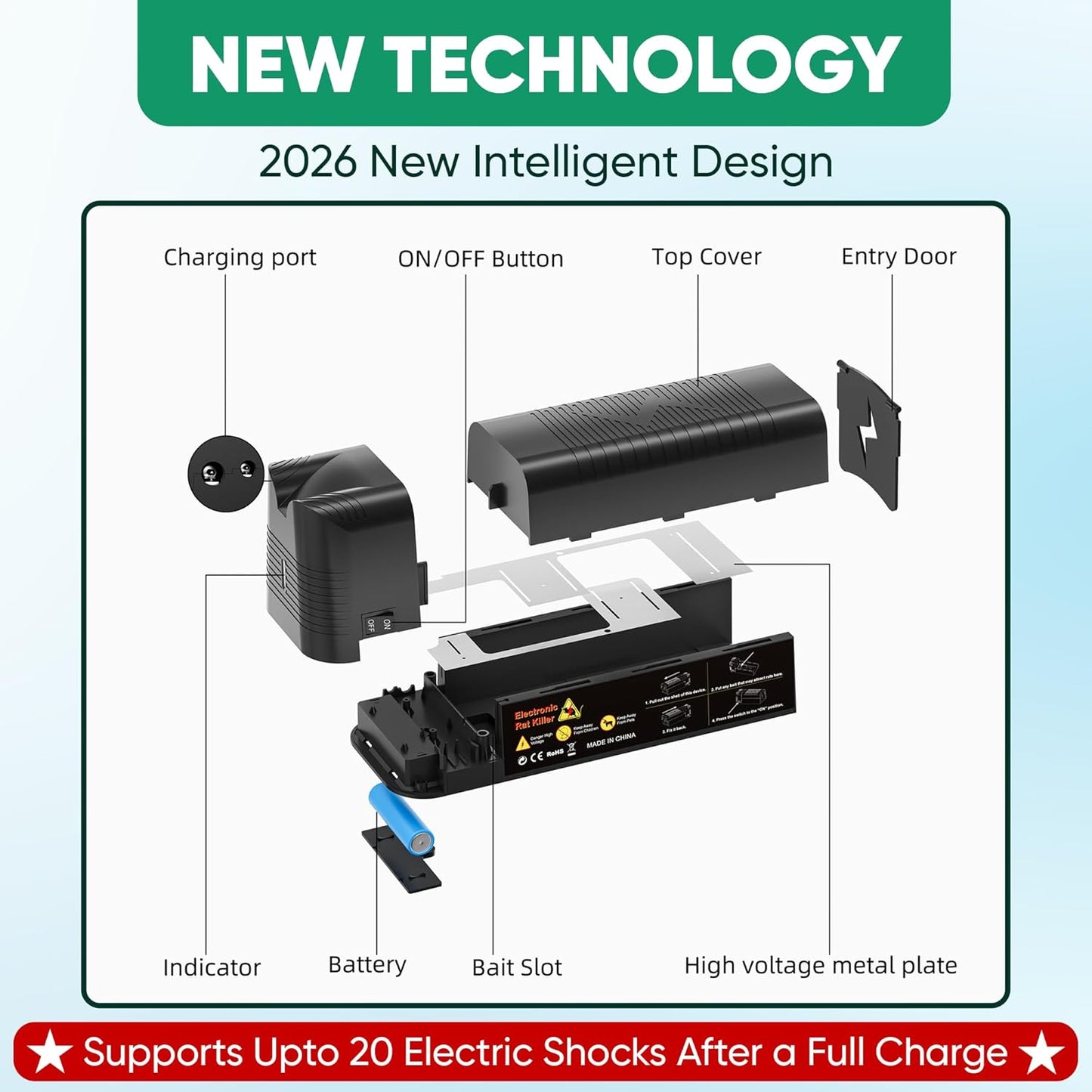 Rechargeable Electric Mouse Trap Zapper with Powerful Voltage of 2200V